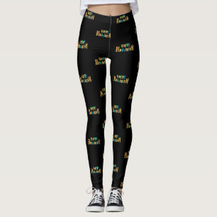 colourful happy halloween script woman black leggings