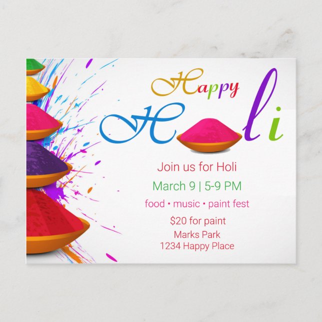 Colourful Happy Holi Powders Paint Invitation Postcard (Front)