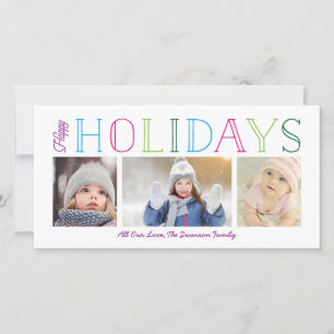 Colourful Happy Holidays 3-Photo Holiday Card