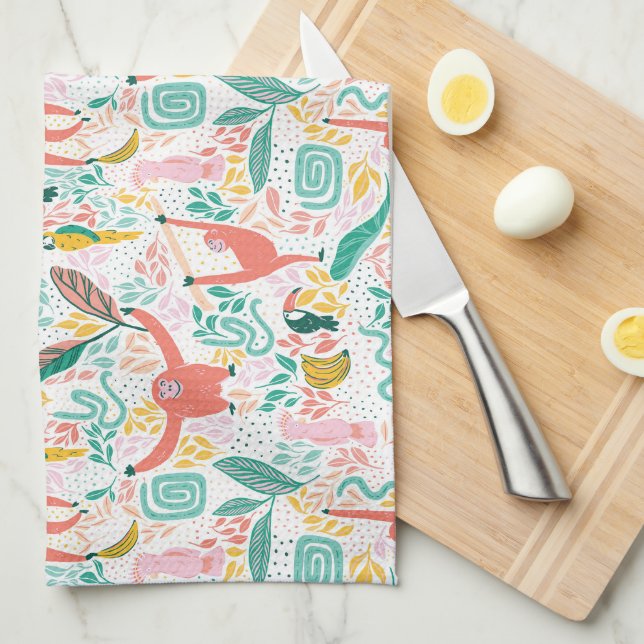 Colourful Happy Jungle Animals Tropical Pattern Kitchen Towel (Quarter Fold)