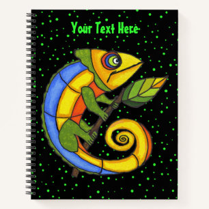 Colourful Happy Lizard Holding Leaf Green Dots Notebook