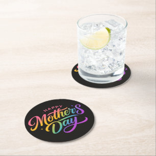 Colourful Happy Mother's Day Rainbow Calligraphy Round Paper Coaster