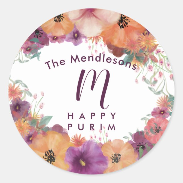 Colourful Happy Purim floral sticker (Front)