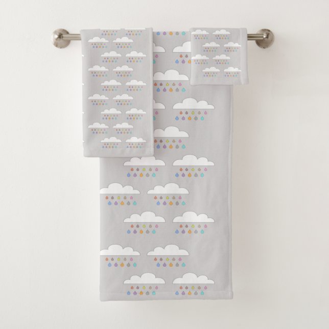 Colourful happy raindrops white fluffy clouds grey bath towel set (Insitu)