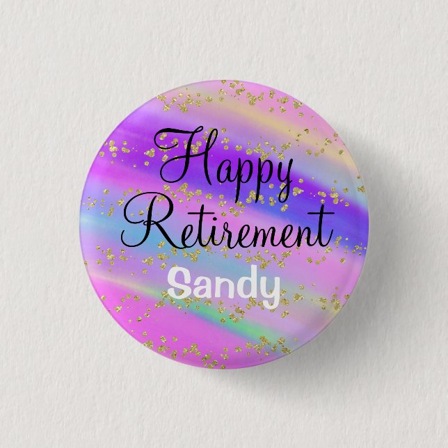 Colourful Happy Retirement Unicorn Gold Glitter 1 Inch Round Button (Front)
