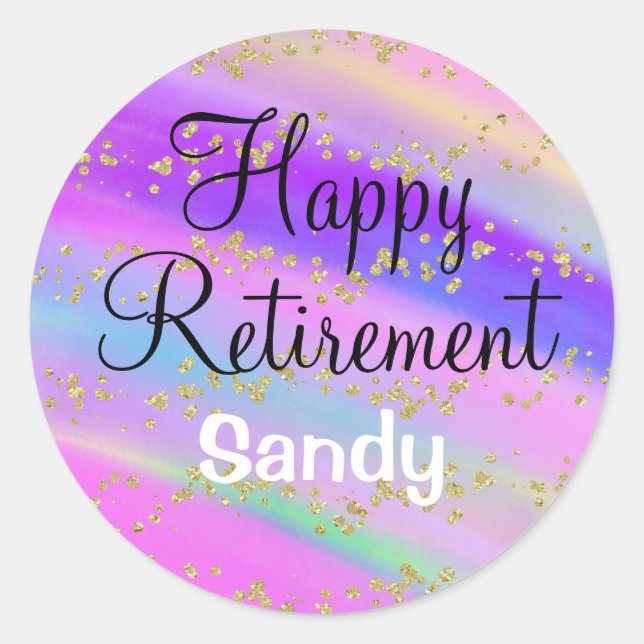 Colourful Happy Retirement Unicorn Gold Glitter Classic Round Sticker (Front)