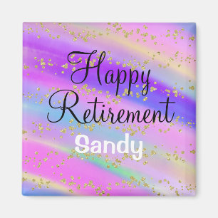 Colourful Happy Retirement Unicorn Gold Glitter Magnet