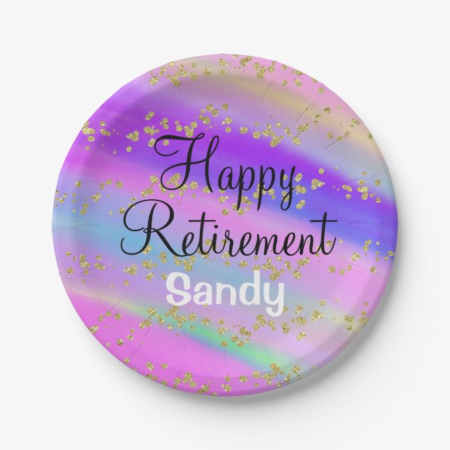 Colourful Happy Retirement Unicorn Gold Glitter Paper Plate (Front)