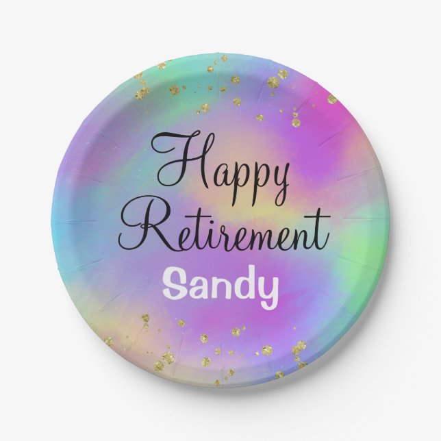 Colourful Happy Retirement Unicorn Gold Glitter Paper Plate (Front)