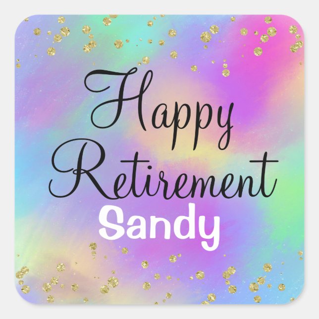 Colourful Happy Retirement Unicorn Gold Glitter Square Sticker (Front)