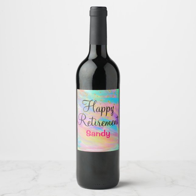 Colourful Happy Retirement Unicorn Gold Glitter Wine Label (Front)