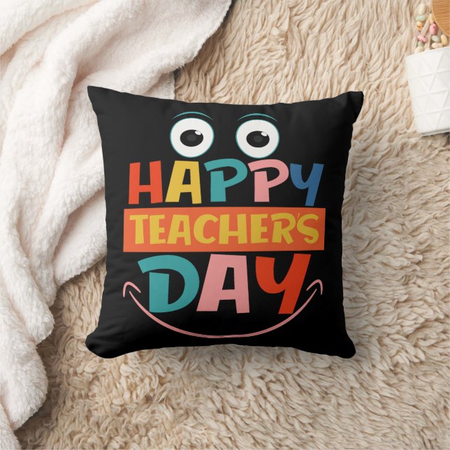 Colourful Happy Teachers Day Funny Face Throw Pillow (Blanket)