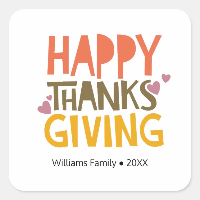 Colourful Happy Thanksgiving Day Personalized Name Square Sticker (Front)