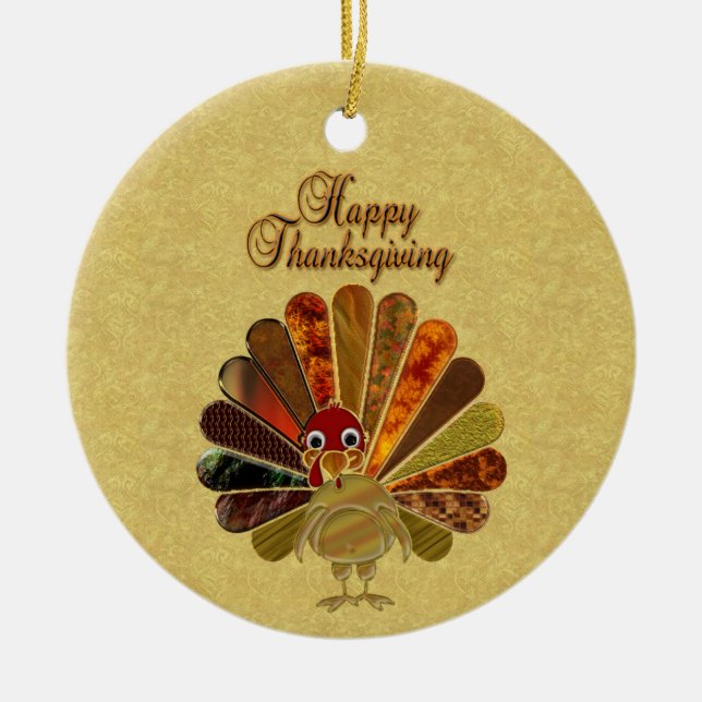 Colourful Happy Thanksgiving Turkey Ceramic Ornament (Front)