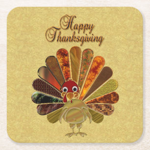 Colourful Happy Thanksgiving Turkey Square Paper Coaster