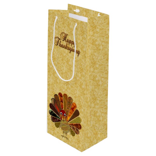 Colourful Happy Thanksgiving Turkey Wine Gift Bag (Front Angled)