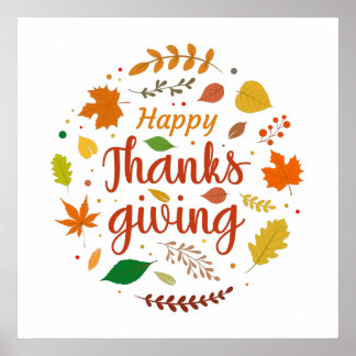 Colourful Happy Thanksgiving wreath illustrations Poster