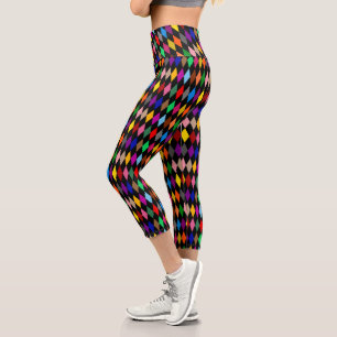 Colourful Harlequin Diamonds Design Black  Capri Leggings