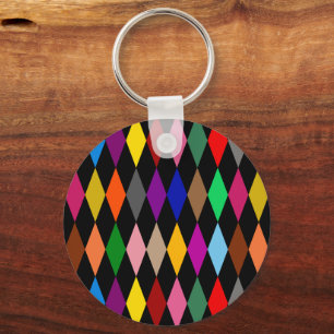 Colourful Harlequin Diamonds Design Black Keychain