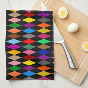 Colourful Harlequin Diamonds Design Black Kitchen Towel