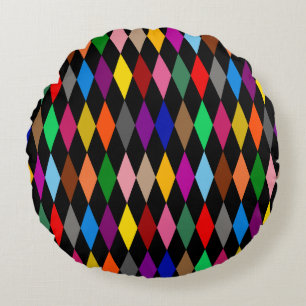 Colourful Harlequin Diamonds Design Black Round Pillow