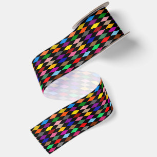 Colourful Harlequin Diamonds Design Black  Satin Ribbon