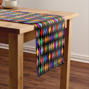 Colourful Harlequin Diamonds Design Black Short Table Runner