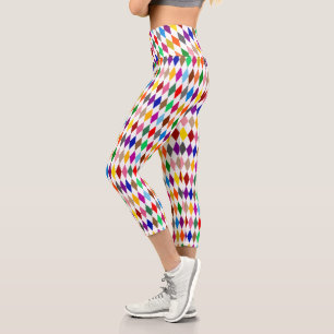Colourful Harlequin Diamonds Design White  Capri Leggings
