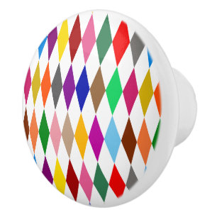 Colourful Harlequin Diamonds Design White Ceramic Knob