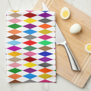 Colourful Harlequin Diamonds Design White Kitchen Towel