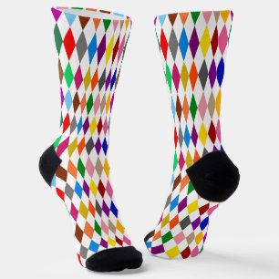 Colourful Harlequin Diamonds Design White Socks