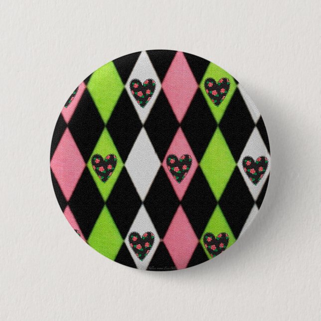 Colourful Harlequin Print with Rose Hearts 2 Inch Round Button (Front)