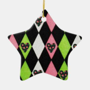 Colourful Harlequin Print with Rose Hearts Ceramic Ornament