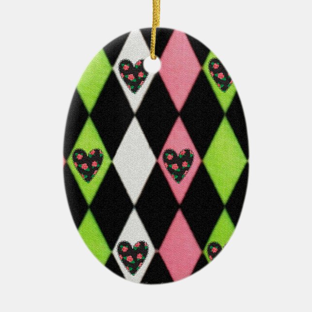 Colourful Harlequin Print with Rose Hearts Ceramic Ornament (Front)