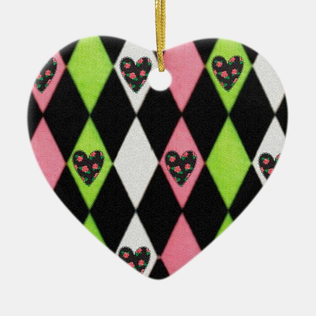Colourful Harlequin Print with Rose Hearts Ceramic Ornament (Front)