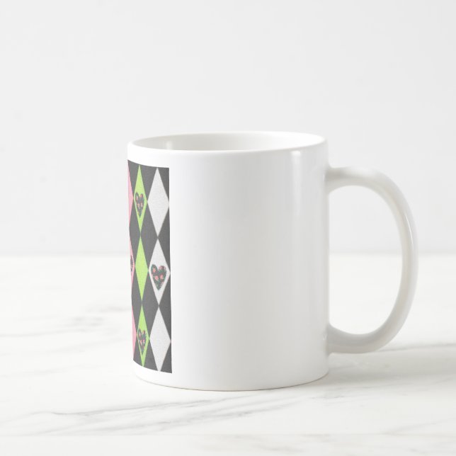 Colourful Harlequin Print with Rose Hearts Coffee Mug (Right)