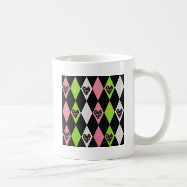 Colourful Harlequin Print with Rose Hearts Coffee Mug (Right)