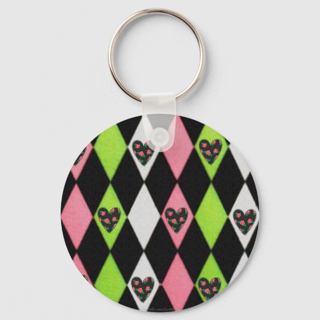 Colourful Harlequin Print with Rose Hearts Keychain (Front)