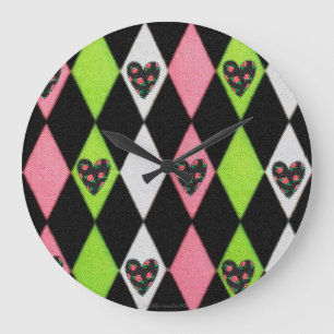 Colourful Harlequin Print with Rose Hearts Large Clock