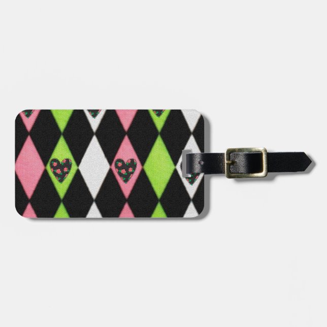 Colourful Harlequin Print with Rose Hearts Luggage Tag (Front Horizontal)