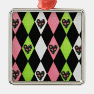 Colourful Harlequin Print with Rose Hearts Metal Ornament