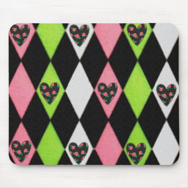 Colourful Harlequin Print with Rose Hearts Mouse Pad (Front)