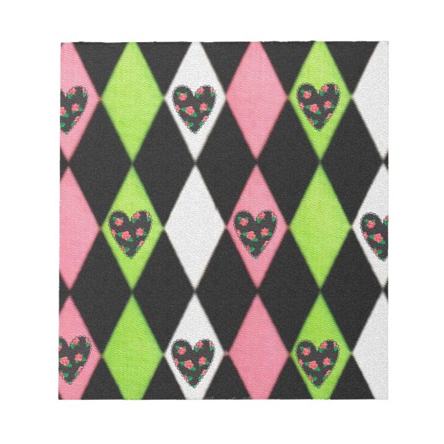 Colourful Harlequin Print with Rose Hearts Notepad (Front)