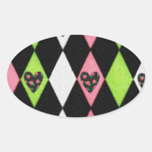 Colourful Harlequin Print with Rose Hearts Oval Sticker
