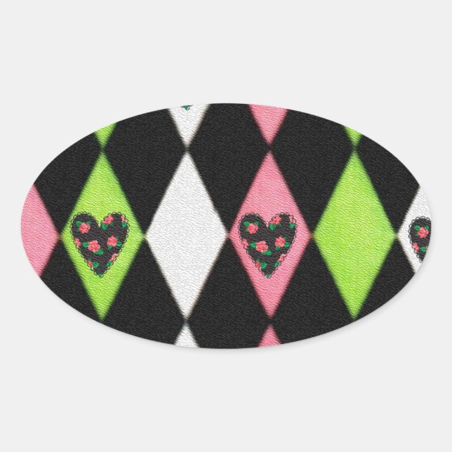 Colourful Harlequin Print with Rose Hearts Oval Sticker (Front)
