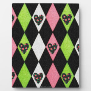 Colourful Harlequin Print with Rose Hearts Plaque