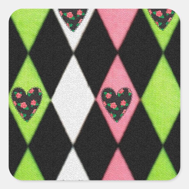 Colourful Harlequin Print with Rose Hearts Square Sticker (Front)