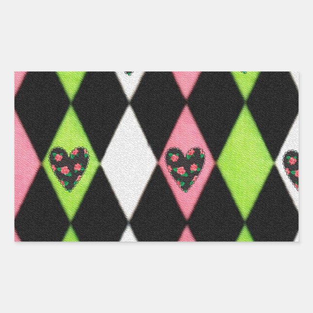 Colourful Harlequin Print with Rose Hearts Sticker (Front)