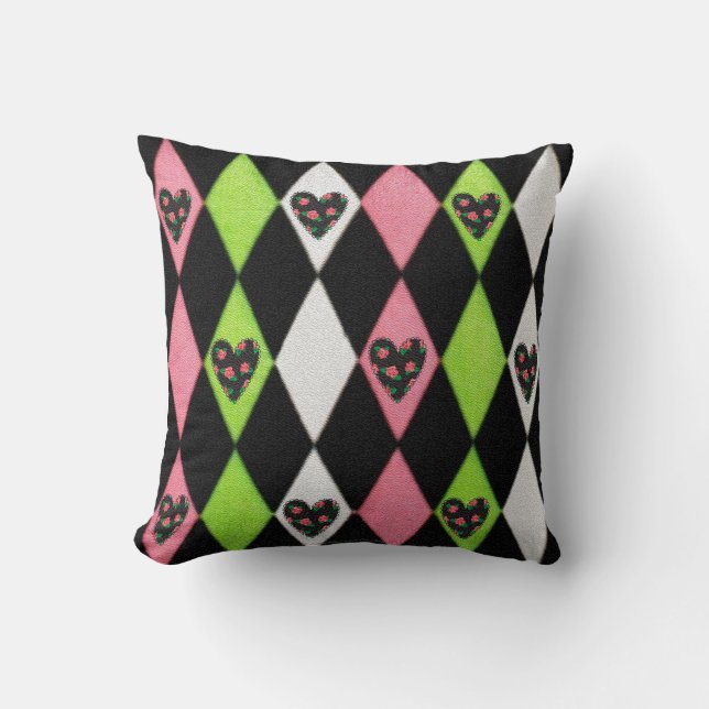 Colourful Harlequin Print with Rose Hearts Throw Pillow (Front)