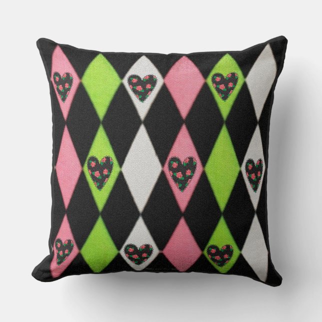 Colourful Harlequin Print with Rose Hearts Throw Pillow (Front)